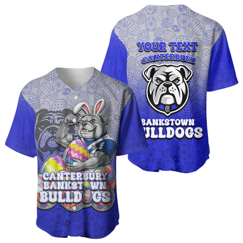 Personalized Canterbury-Bankstown Bulldogs Baseball Jersey Easter Mascot - Colorful Eggs Cartoon Style