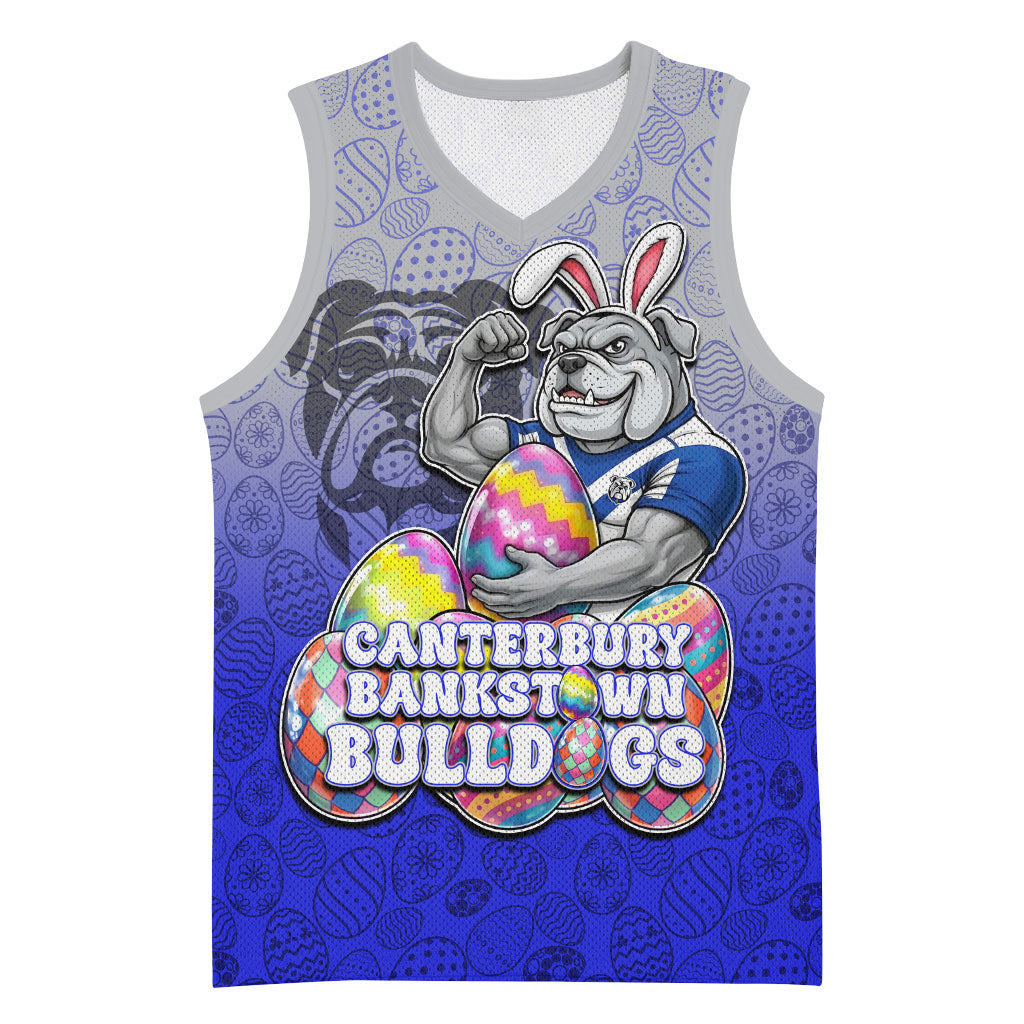 Personalized Canterbury-Bankstown Bulldogs Basketball Jersey Easter Mascot - Colorful Eggs Cartoon Style