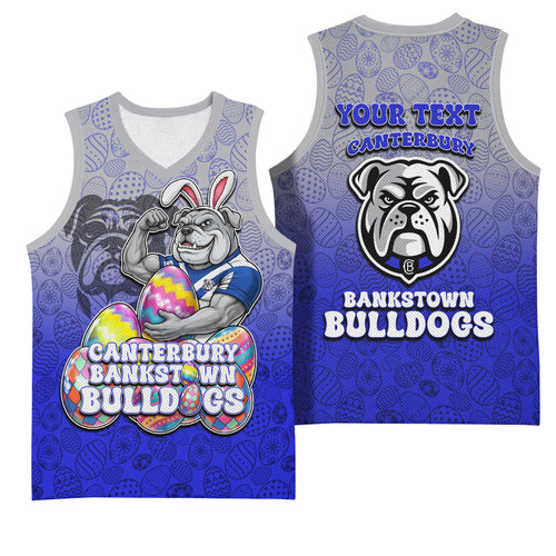 Personalized Canterbury-Bankstown Bulldogs Basketball Jersey Easter Mascot - Colorful Eggs Cartoon Style