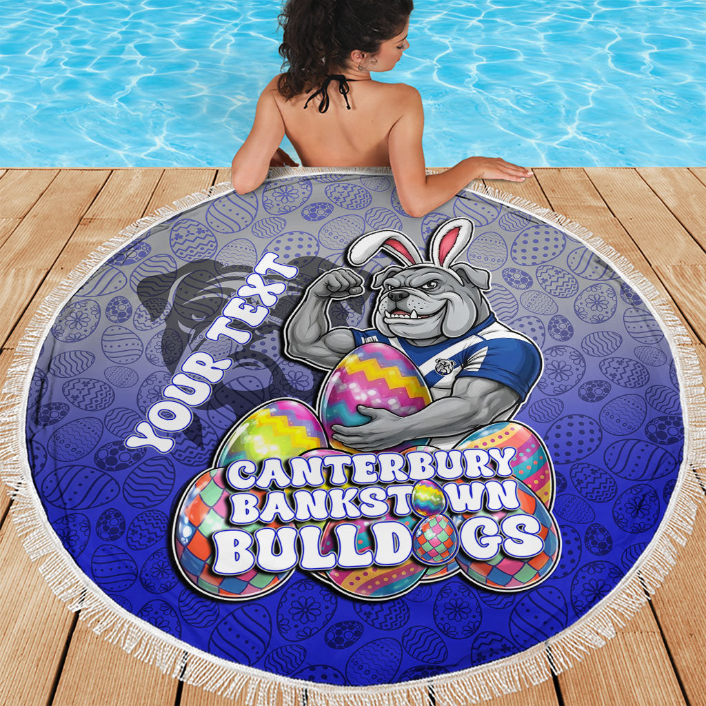 Personalized Canterbury-Bankstown Bulldogs Beach Blanket Easter Mascot - Colorful Eggs Cartoon Style