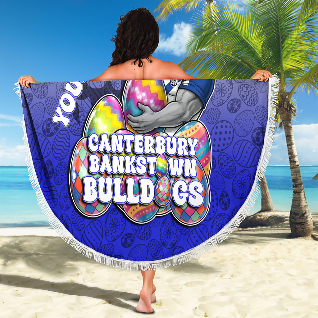 Personalized Canterbury-Bankstown Bulldogs Beach Blanket Easter Mascot - Colorful Eggs Cartoon Style