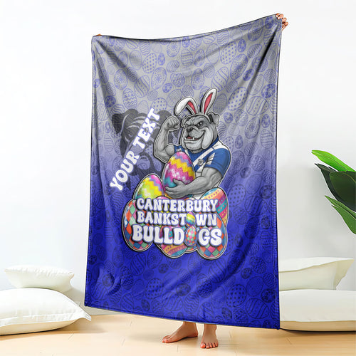 Personalized Canterbury-Bankstown Bulldogs Blanket Easter Mascot - Colorful Eggs Cartoon Style
