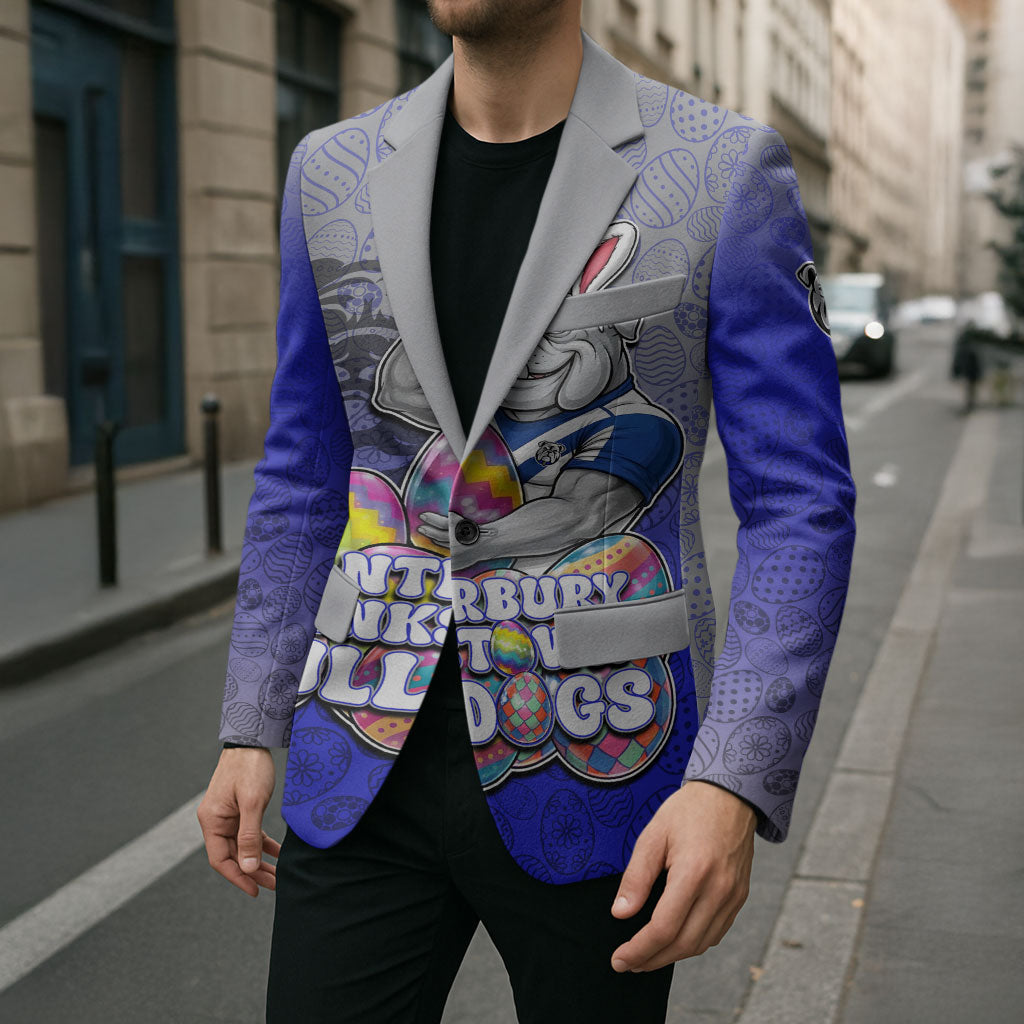 Personalized Canterbury-Bankstown Bulldogs Blazer Easter Mascot - Colorful Eggs Cartoon Style