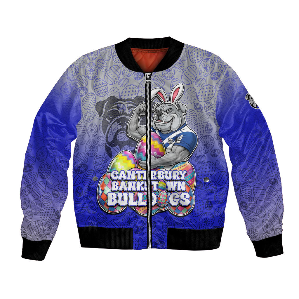 Personalized Canterbury-Bankstown Bulldogs Bomber Jacket Easter Mascot - Colorful Eggs Cartoon Style