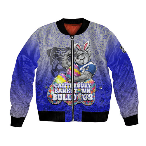 Personalized Canterbury-Bankstown Bulldogs Bomber Jacket Easter Mascot - Colorful Eggs Cartoon Style