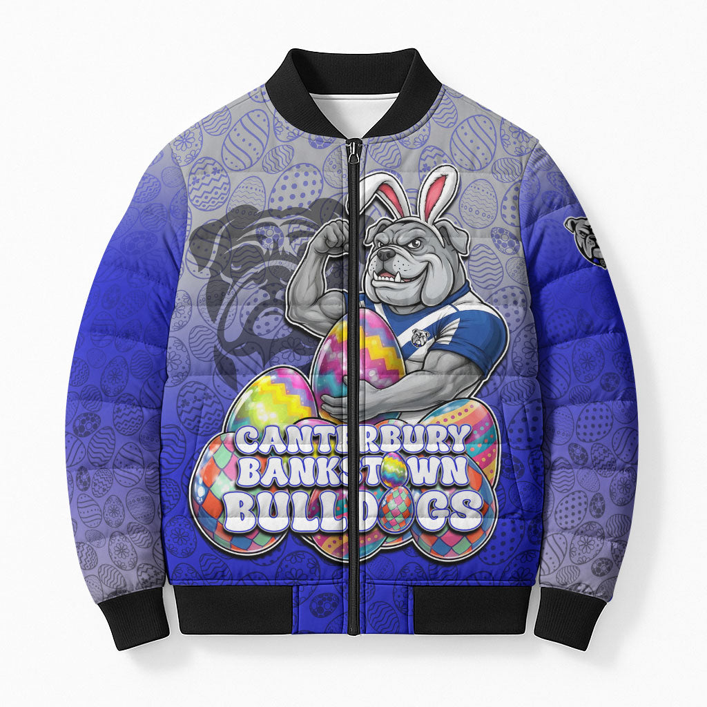 Personalized Canterbury-Bankstown Bulldogs Bomber Puffer Jacket Easter Mascot - Colorful Eggs Cartoon Style