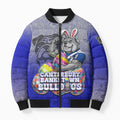 Personalized Canterbury-Bankstown Bulldogs Bomber Puffer Jacket Easter Mascot - Colorful Eggs Cartoon Style
