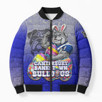 Personalized Canterbury-Bankstown Bulldogs Bomber Puffer Jacket Easter Mascot - Colorful Eggs Cartoon Style