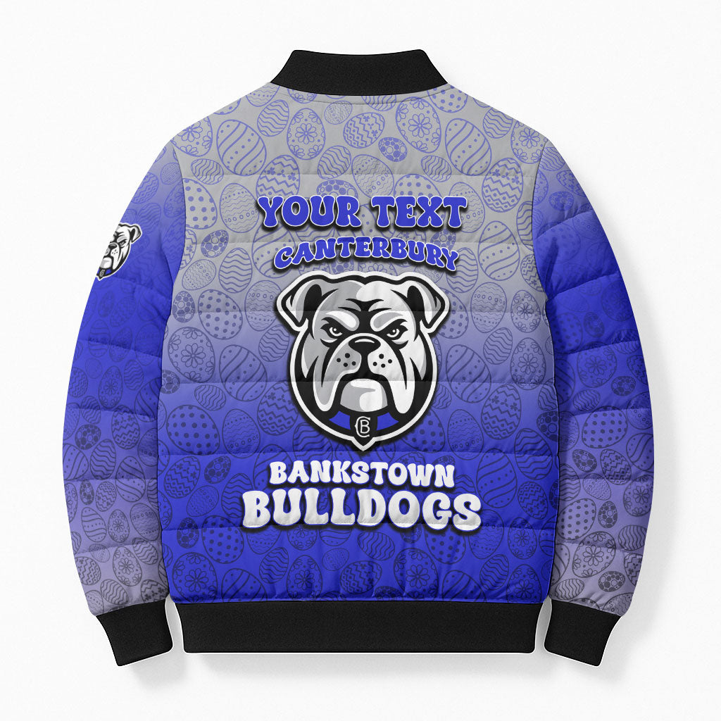 Personalized Canterbury-Bankstown Bulldogs Bomber Puffer Jacket Easter Mascot - Colorful Eggs Cartoon Style