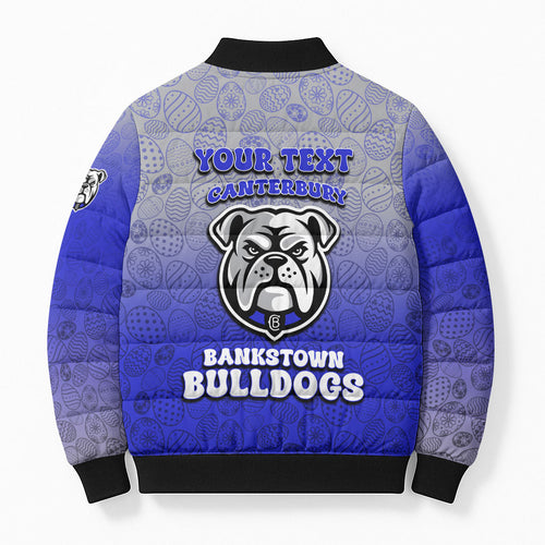 Personalized Canterbury-Bankstown Bulldogs Bomber Puffer Jacket Easter Mascot - Colorful Eggs Cartoon Style