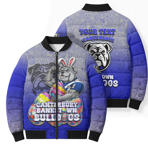 Personalized Canterbury-Bankstown Bulldogs Bomber Puffer Jacket Easter Mascot - Colorful Eggs Cartoon Style