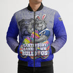 Personalized Canterbury-Bankstown Bulldogs Bomber Puffer Jacket Easter Mascot - Colorful Eggs Cartoon Style