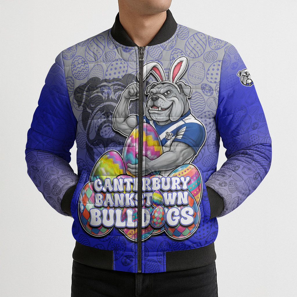 Personalized Canterbury-Bankstown Bulldogs Bomber Puffer Jacket Easter Mascot - Colorful Eggs Cartoon Style