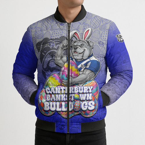 Personalized Canterbury-Bankstown Bulldogs Bomber Puffer Jacket Easter Mascot - Colorful Eggs Cartoon Style