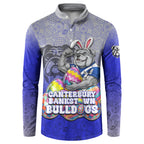 Personalized Canterbury-Bankstown Bulldogs Button Sweatshirt Easter Mascot - Colorful Eggs Cartoon Style