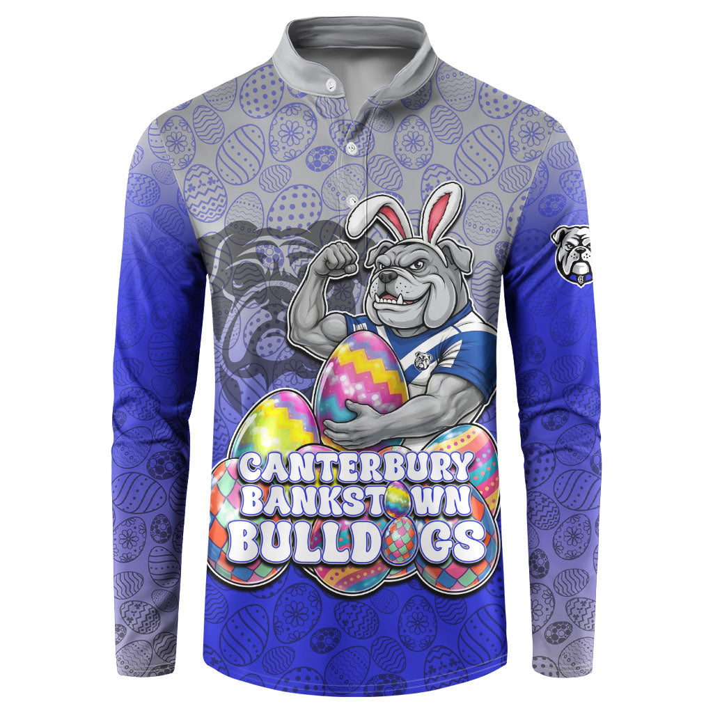 Personalized Canterbury-Bankstown Bulldogs Button Sweatshirt Easter Mascot - Colorful Eggs Cartoon Style