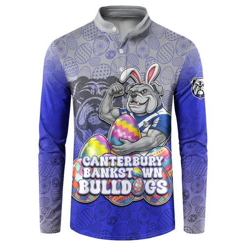 Personalized Canterbury-Bankstown Bulldogs Button Sweatshirt Easter Mascot - Colorful Eggs Cartoon Style
