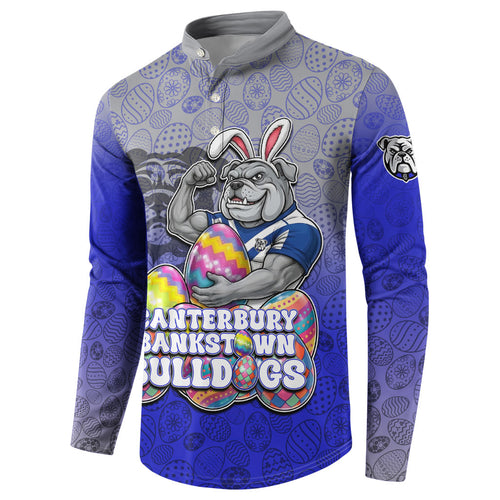 Personalized Canterbury-Bankstown Bulldogs Button Sweatshirt Easter Mascot - Colorful Eggs Cartoon Style