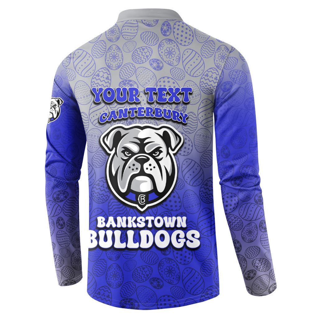 Personalized Canterbury-Bankstown Bulldogs Button Sweatshirt Easter Mascot - Colorful Eggs Cartoon Style