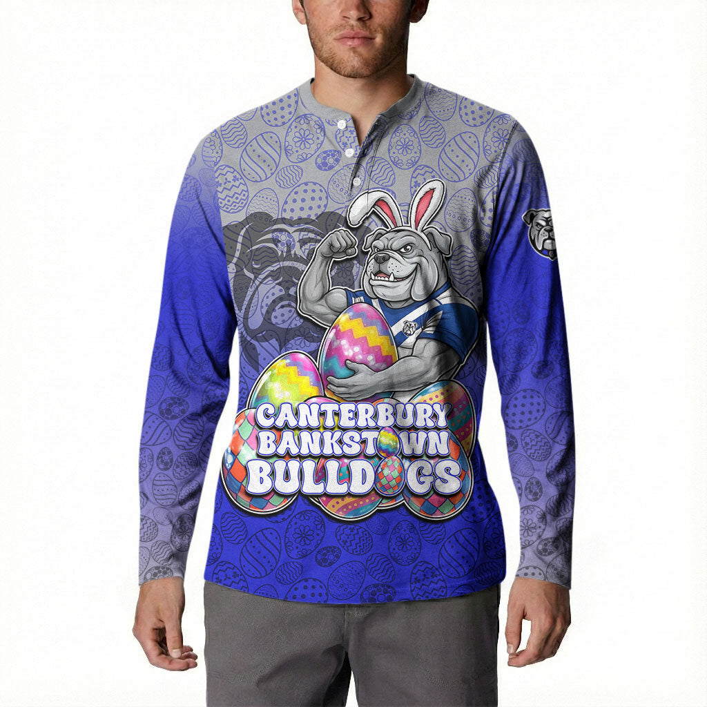 Personalized Canterbury-Bankstown Bulldogs Button Sweatshirt Easter Mascot - Colorful Eggs Cartoon Style