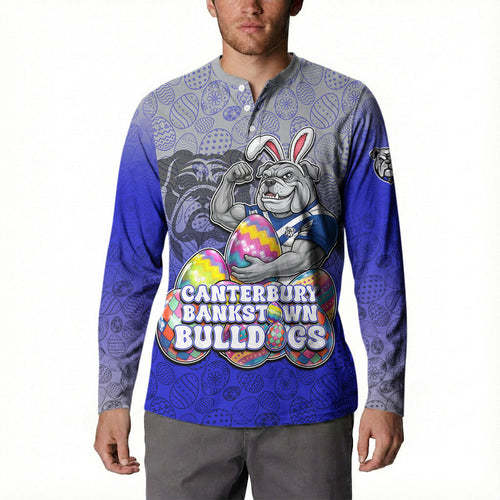 Personalized Canterbury-Bankstown Bulldogs Button Sweatshirt Easter Mascot - Colorful Eggs Cartoon Style