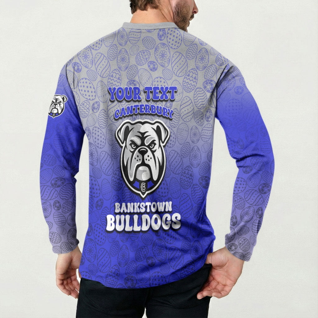 Personalized Canterbury-Bankstown Bulldogs Button Sweatshirt Easter Mascot - Colorful Eggs Cartoon Style