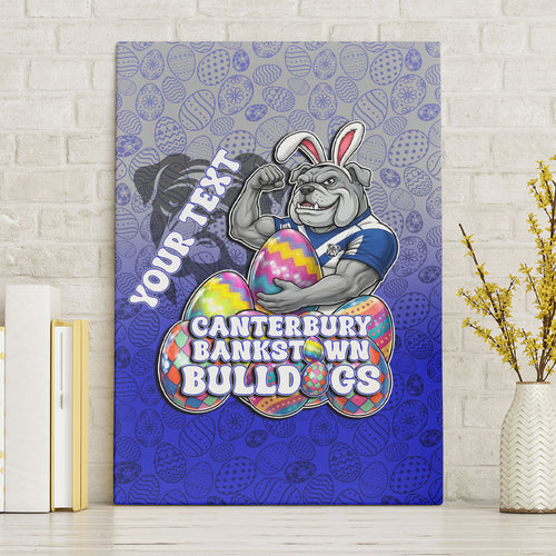 Personalized Canterbury-Bankstown Bulldogs Canvas Wall Art Easter Mascot - Colorful Eggs Cartoon Style