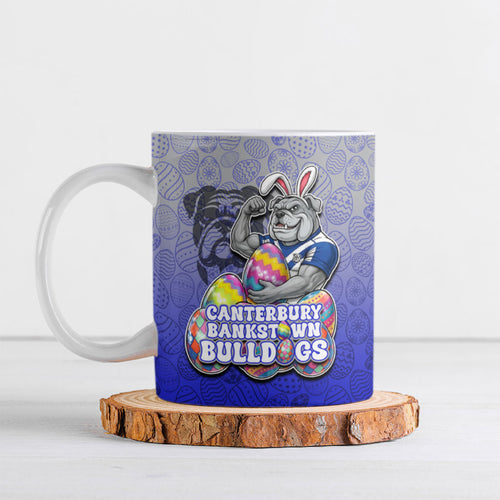 Personalized Canterbury-Bankstown Bulldogs Ceramic Mug Easter Mascot - Colorful Eggs Cartoon Style