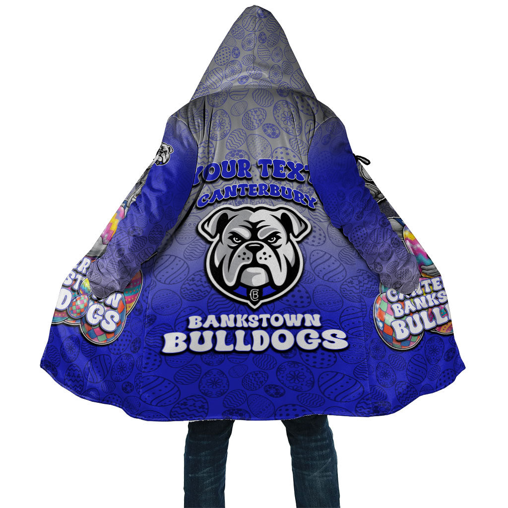 Personalized Canterbury-Bankstown Bulldogs Cloak Easter Mascot - Colorful Eggs Cartoon Style