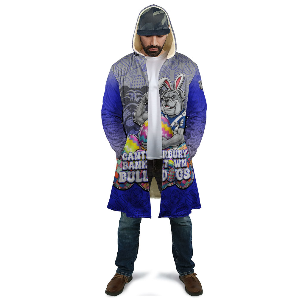 Personalized Canterbury-Bankstown Bulldogs Cloak Easter Mascot - Colorful Eggs Cartoon Style