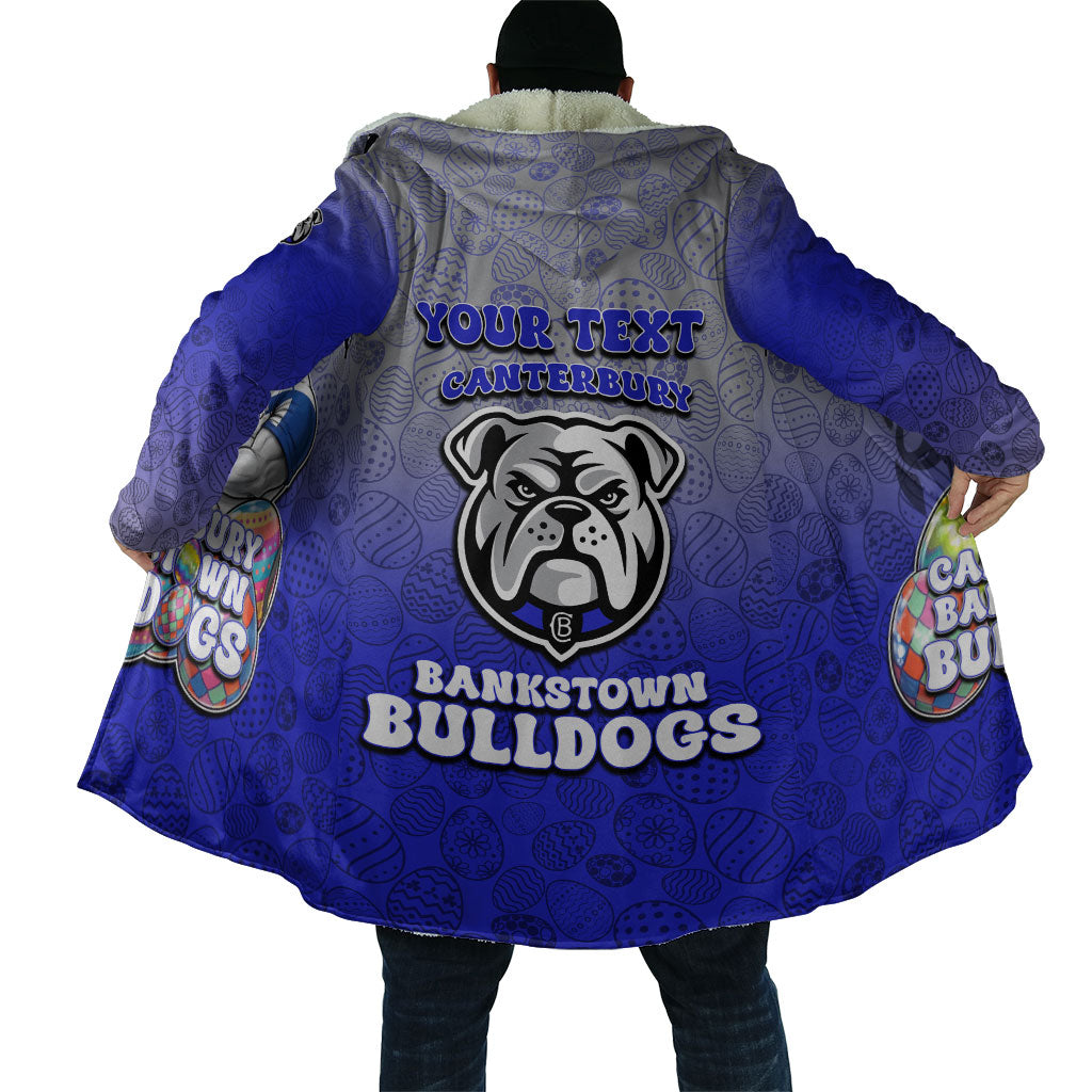 Personalized Canterbury-Bankstown Bulldogs Cloak Easter Mascot - Colorful Eggs Cartoon Style