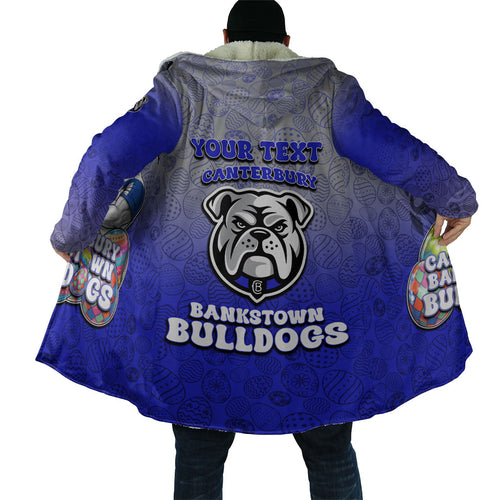 Personalized Canterbury-Bankstown Bulldogs Cloak Easter Mascot - Colorful Eggs Cartoon Style