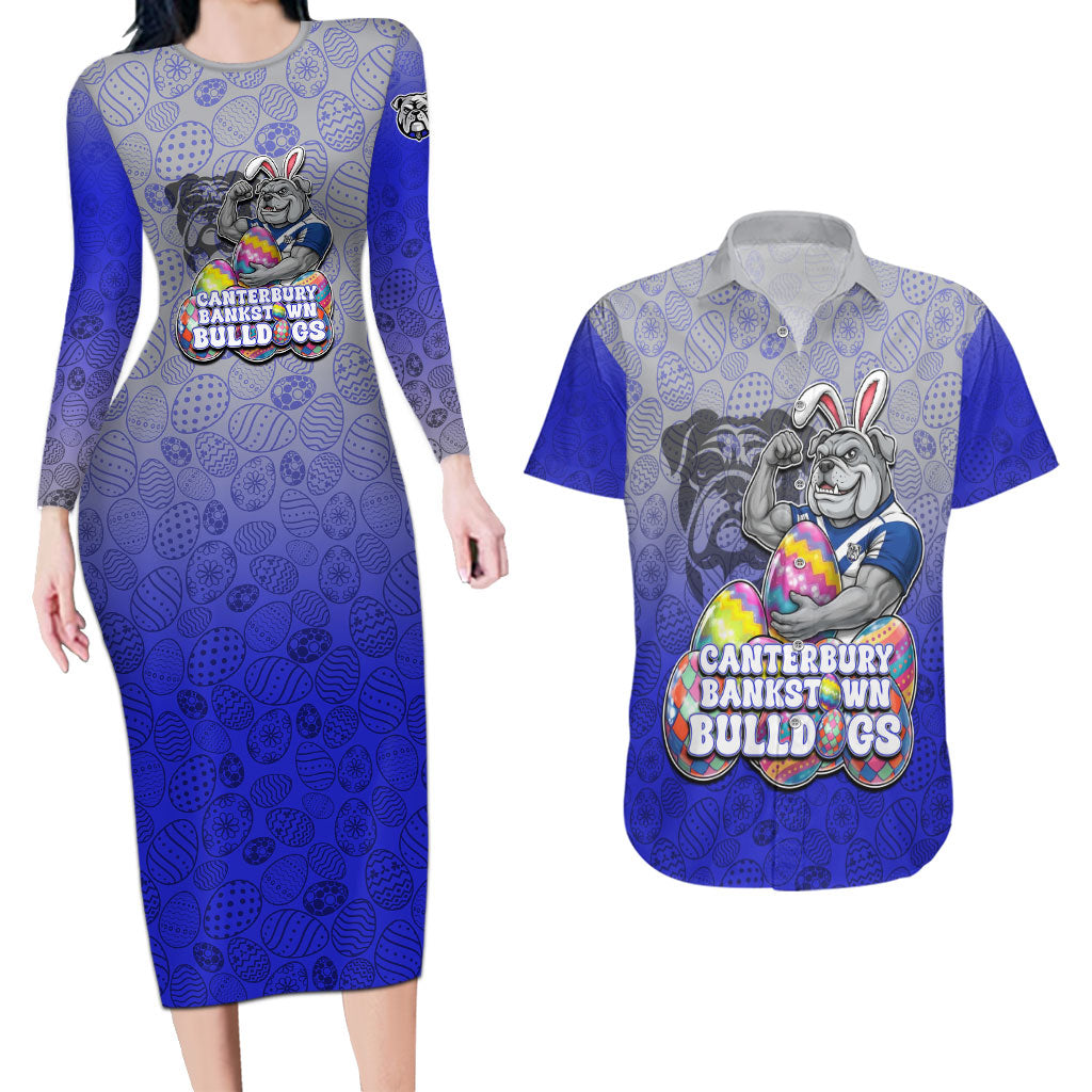 Personalized Canterbury-Bankstown Bulldogs Couples Matching Long Sleeve Bodycon Dress and Hawaiian Shirt Easter Mascot - Colorful Eggs Cartoon Style