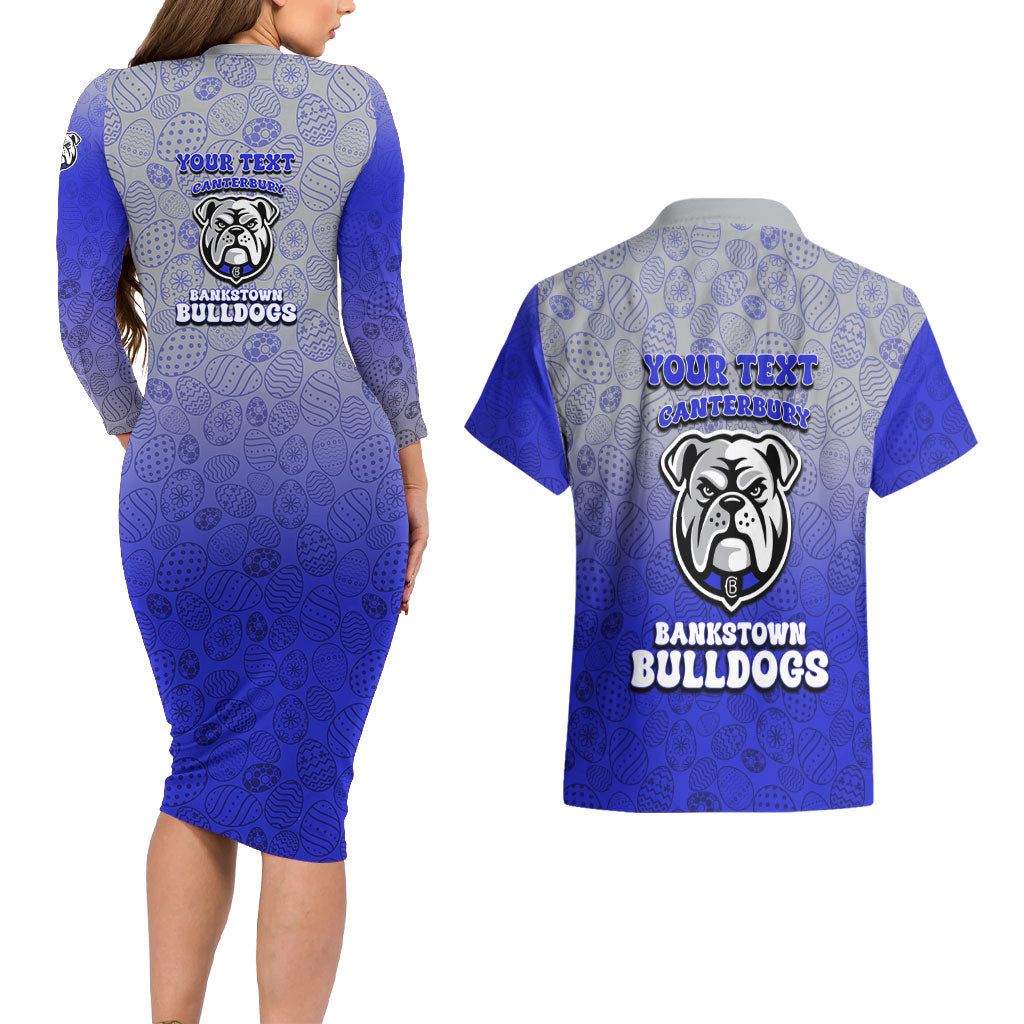 Personalized Canterbury-Bankstown Bulldogs Couples Matching Long Sleeve Bodycon Dress and Hawaiian Shirt Easter Mascot - Colorful Eggs Cartoon Style