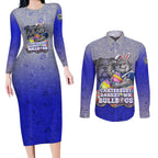 Personalized Canterbury-Bankstown Bulldogs Couples Matching Long Sleeve Bodycon Dress and Long Sleeve Button Shirt Easter Mascot - Colorful Eggs Cartoon Style