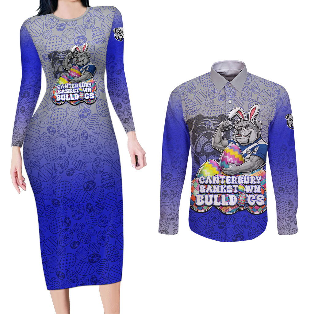 Personalized Canterbury-Bankstown Bulldogs Couples Matching Long Sleeve Bodycon Dress and Long Sleeve Button Shirt Easter Mascot - Colorful Eggs Cartoon Style
