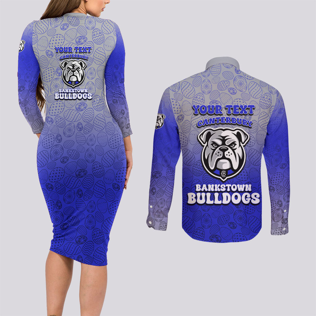 Personalized Canterbury-Bankstown Bulldogs Couples Matching Long Sleeve Bodycon Dress and Long Sleeve Button Shirt Easter Mascot - Colorful Eggs Cartoon Style