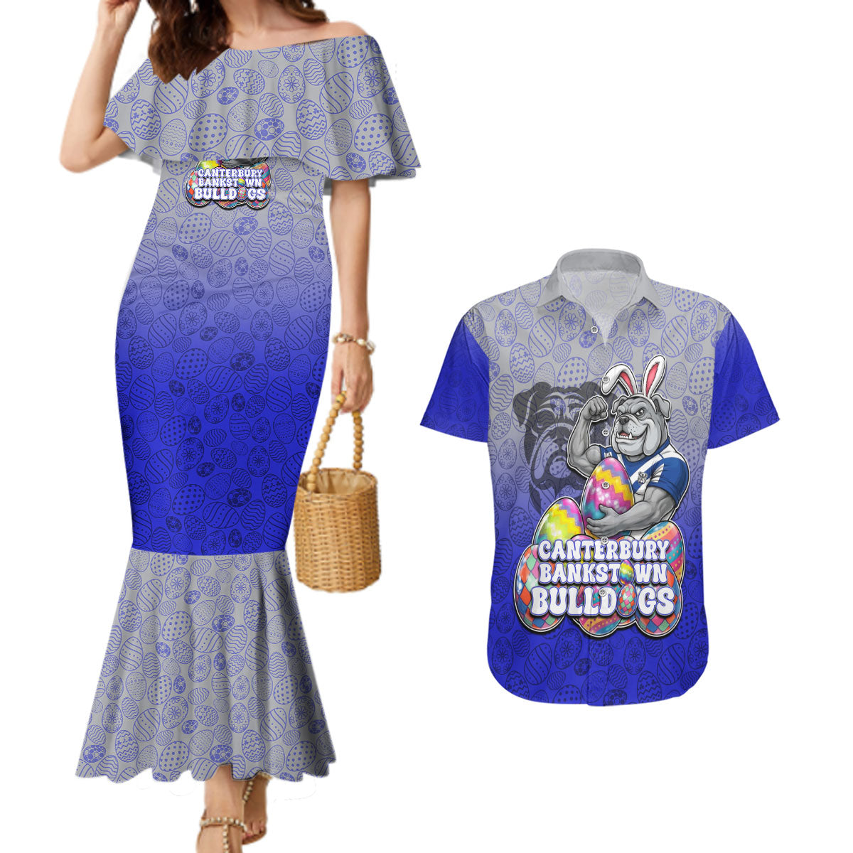 Personalized Canterbury-Bankstown Bulldogs Couples Matching Mermaid Dress and Hawaiian Shirt Easter Mascot - Colorful Eggs Cartoon Style