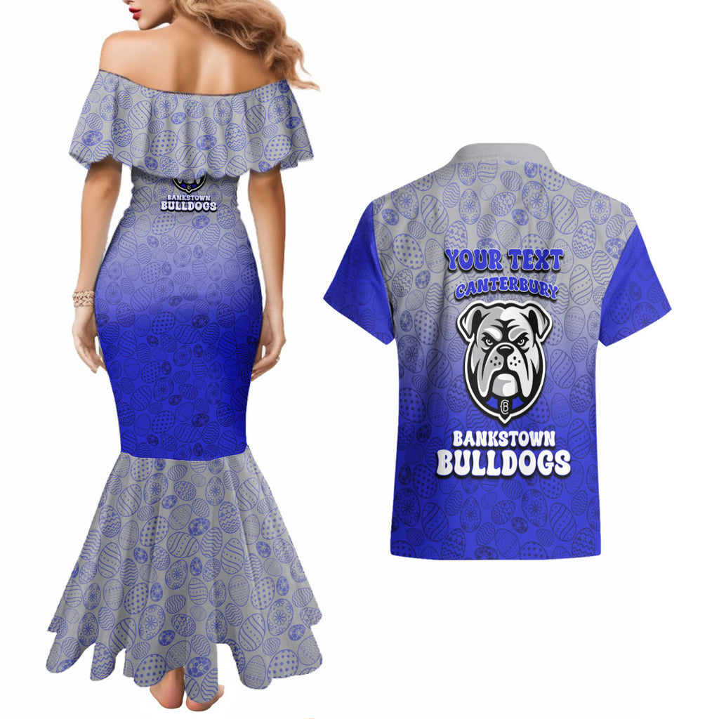 Personalized Canterbury-Bankstown Bulldogs Couples Matching Mermaid Dress and Hawaiian Shirt Easter Mascot - Colorful Eggs Cartoon Style