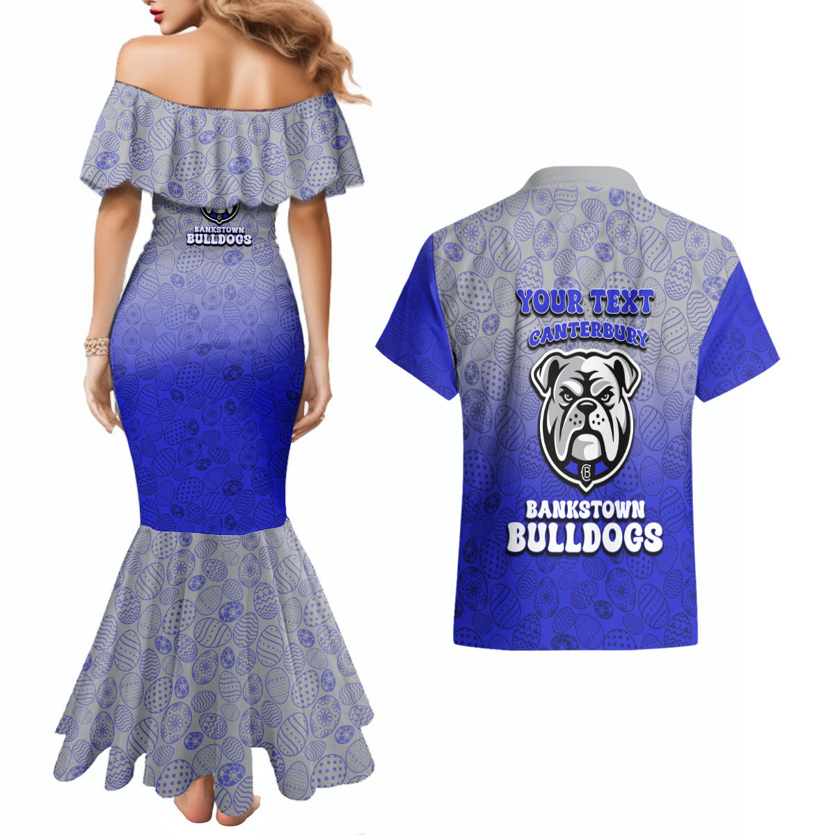 Personalized Canterbury-Bankstown Bulldogs Couples Matching Mermaid Dress and Hawaiian Shirt Easter Mascot - Colorful Eggs Cartoon Style