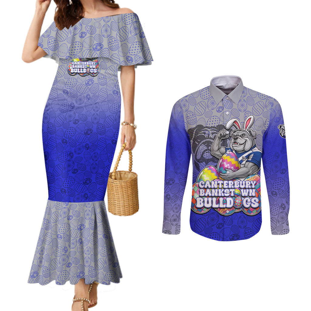 Personalized Canterbury-Bankstown Bulldogs Couples Matching Mermaid Dress and Long Sleeve Button Shirt Easter Mascot - Colorful Eggs Cartoon Style