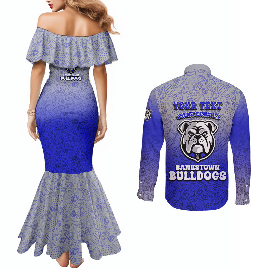 Personalized Canterbury-Bankstown Bulldogs Couples Matching Mermaid Dress and Long Sleeve Button Shirt Easter Mascot - Colorful Eggs Cartoon Style