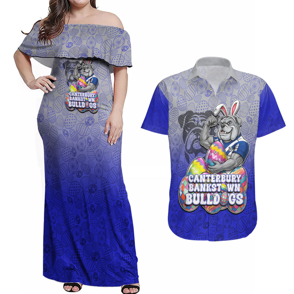 Personalized Canterbury-Bankstown Bulldogs Couples Matching Off Shoulder Maxi Dress and Hawaiian Shirt Easter Mascot - Colorful Eggs Cartoon Style
