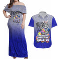 Personalized Canterbury-Bankstown Bulldogs Couples Matching Off Shoulder Maxi Dress and Hawaiian Shirt Easter Mascot - Colorful Eggs Cartoon Style