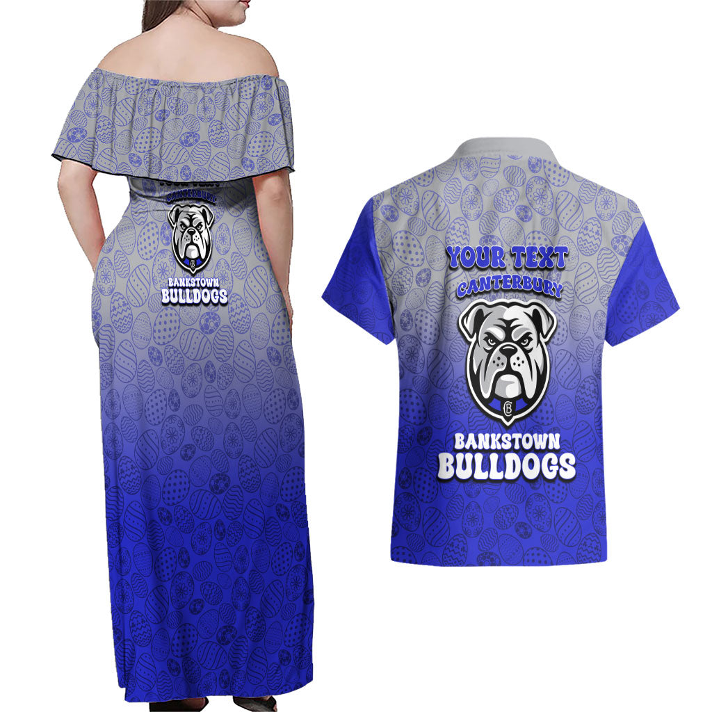 Personalized Canterbury-Bankstown Bulldogs Couples Matching Off Shoulder Maxi Dress and Hawaiian Shirt Easter Mascot - Colorful Eggs Cartoon Style