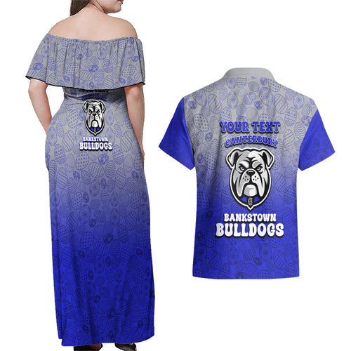 Personalized Canterbury-Bankstown Bulldogs Couples Matching Off Shoulder Maxi Dress and Hawaiian Shirt Easter Mascot - Colorful Eggs Cartoon Style