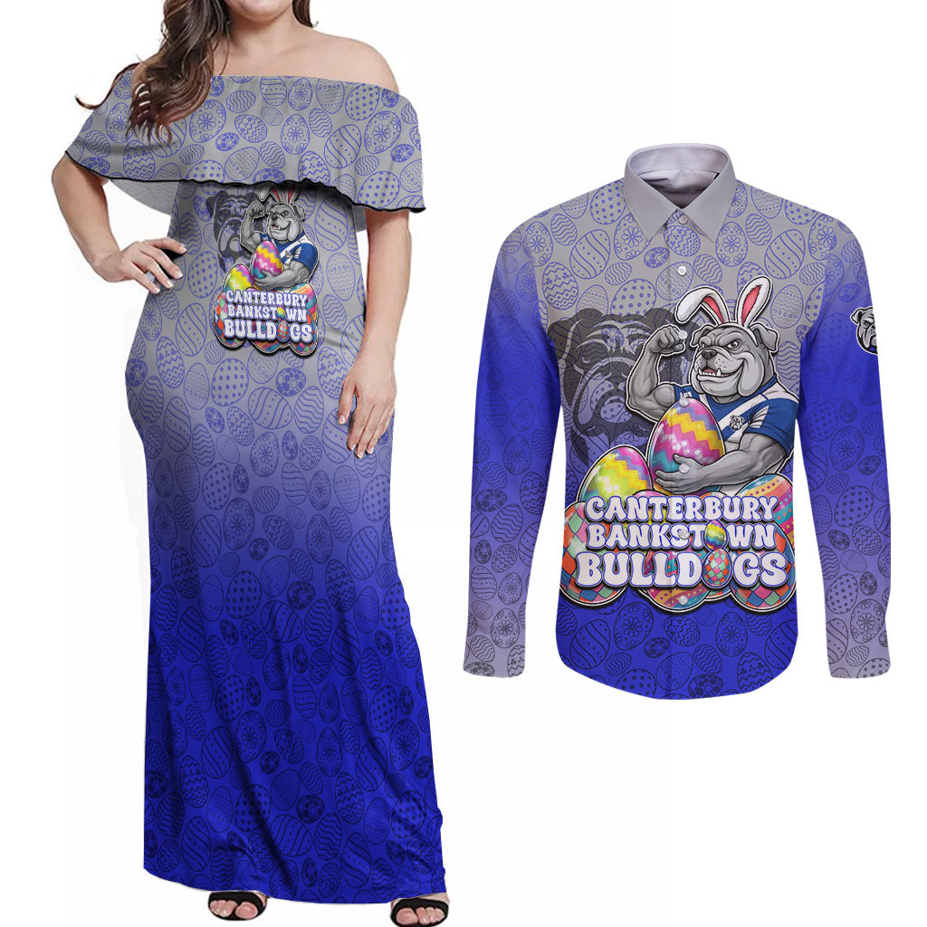 Personalized Canterbury-Bankstown Bulldogs Couples Matching Off Shoulder Maxi Dress and Long Sleeve Button Shirt Easter Mascot - Colorful Eggs Cartoon Style