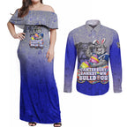 Personalized Canterbury-Bankstown Bulldogs Couples Matching Off Shoulder Maxi Dress and Long Sleeve Button Shirt Easter Mascot - Colorful Eggs Cartoon Style