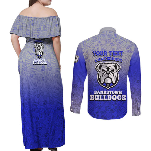 Personalized Canterbury-Bankstown Bulldogs Couples Matching Off Shoulder Maxi Dress and Long Sleeve Button Shirt Easter Mascot - Colorful Eggs Cartoon Style