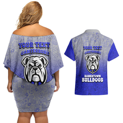 Personalized Canterbury-Bankstown Bulldogs Couples Matching Off Shoulder Short Dress and Hawaiian Shirt Easter Mascot - Colorful Eggs Cartoon Style